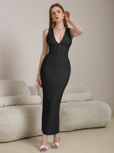 Deep V-Neck Split Thigh Jacquard Lace Dress